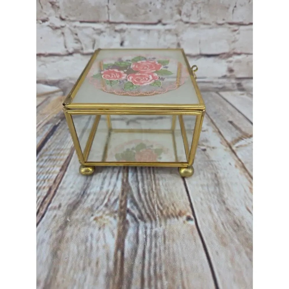 Vintage Roses Glass and Brass Jewelry Trinket Box
